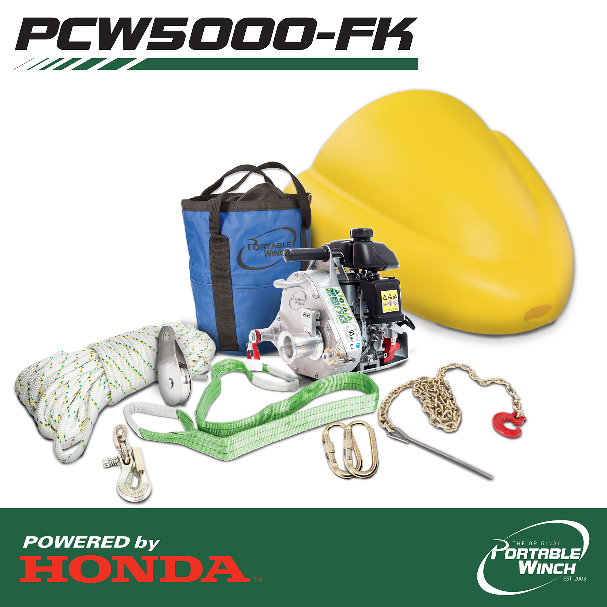 Portable Winch Gas-Powered Capstan Winch Forestry Kit, 2,200-Lb. Pulling Capacity, 2.1 HP, Honda GHX-50 Engine, Model# PCW5000-FK